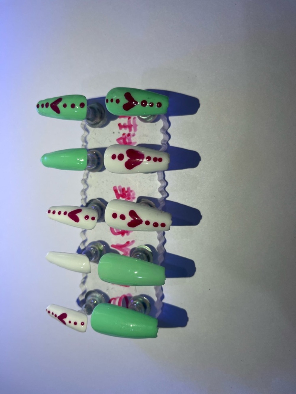 Mint Green & White Nail Set with Pink Heart Accents